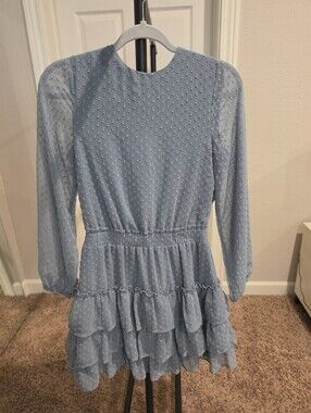 Express Blue Swiss Dot Tiered Ruffle Mini Dress Long Sleeve XS